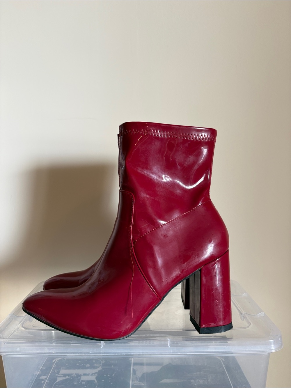 Public Desire Wine Red Patent Block Heel Ankle Boots